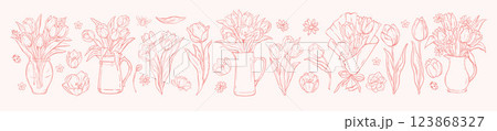 Spring tulip flower set, Easter blossom vector doodle, hand drawn nature floral line illustration.  123868327