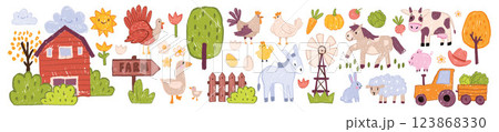 Farm animal kids doodle, village nature childish scribble hand drawn set, cute vector cartoon donkey 123868330