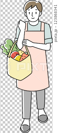 食材の買い物をするエプロンを着けた男性 123868341