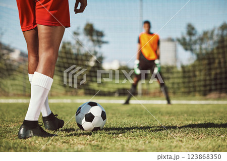 Sports, soccer field and legs of athlete with goalkeeper ready for penalty kick, game or competition for fitness health. Football player, ball or man prepare for outdoor workout, training or exercise Sports, soccer field and legs of athlete with goalkeeper ready for penalty kick, game or competition for fitness health. Football player, ball or man prepare for outdoor workout, training or exercise 123868350