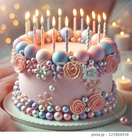 Elegant Birthday Cake with Candles and Pearlescent Decorations 123868438