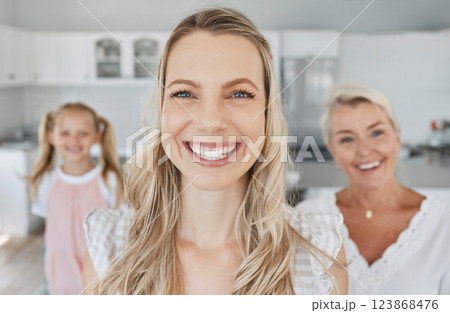 Mom, happy and portrait of family with foreground in house with cheerful smile of single parent. Love, mother and joyful family home of women with young child and grandparent living together. 123868476