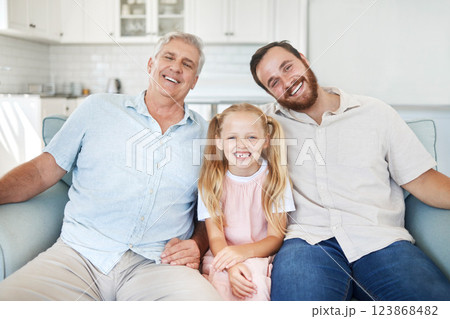 Portrait in home, girl with dad and grandfather on living room sofa in Australia. Happy family with senior grandparent, smile together in lounge and elderly generation man relax on couch with child 123868482