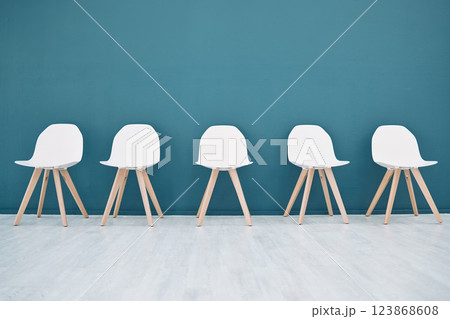 We are hiring, job interview and recruitment with empty furniture and mockup for feedback, news and vote. Review, idea and opinion with chair seats for unemployment, networking and poll survey 123868608