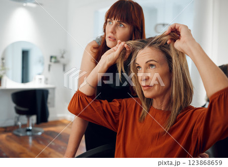 Women in hair salon, hairdresser client thinking of change and professional beauty care for roots. Color dye treatment, blonde customer decision and conversation about elegant womans haircut quality 123868659
