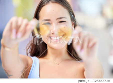 Sunglasses, portrait and woman with smile in the city of Miami during a holiday for travel in summer. Face of a happy, trendy and Asian girl with glasses, lens and frame for fashion on vacation Sunglasses, portrait and woman with smile in the city of Miami during a holiday for travel in summer. Face of a happy, trendy and Asian girl with glasses, lens and frame for fashion on vacation 123868686