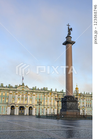 Alexander Column, 47 meters high, built in 1834 in front of Winter Palace in St. Petersburg, Russia 123868746