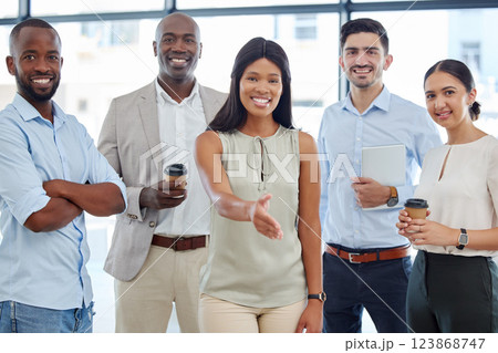 Welcome, group and handshake in office at business for onboarding with group in finance, insurance or accounting. Team, staff and recruitment with happy, professional and smile on face after hiring 123868747