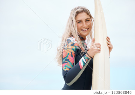 Surfing, beach and surfer woman at beach to surf, travel and body boarding adventure on holiday while happy on summer trip. Portrait of a female with surfboard and smile on Australia mockup holiday Surfing, beach and surfer woman at beach to surf, travel and body boarding adventure on holiday while happy on summer trip. Portrait of a female with surfboard and smile on Australia mockup holiday 123868846
