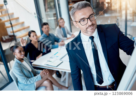 Business, coaching and learning, leader meeting or presentation with team idea sharing in corporate brainstorming workshop at startup. Teamwork, leadership and CEO man and women in office boardroom. 123869006