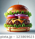 A mouthwatering gourmet burger. The burger features a toasted sesame seed bun, a thick and juicy beef patty, melted cheese, tomato, onion, salat 123869023