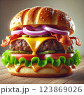 A mouthwatering gourmet burger. The burger features a toasted sesame seed bun, a thick and juicy beef patty, melted cheese, bacon, onion, salat 123869026
