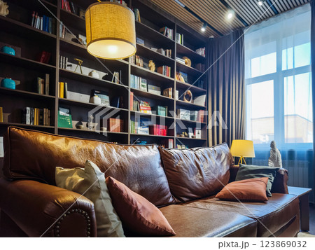 Cozy reading nook featuring a leather sofa and well-stocked bookshelf in a sunlit room 123869032