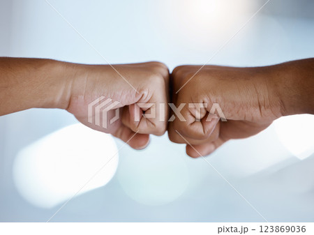 Fist bump, support and employees meeting for partnership, collaboration or business together at work. Hands of corporate workers greeting with thank you, motivation or trust in a goal and strategy 123869036