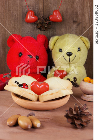 Two toy soft bears celebrate of the Valentine Day Two toy soft bears celebrate of the Valentine Day 123869052