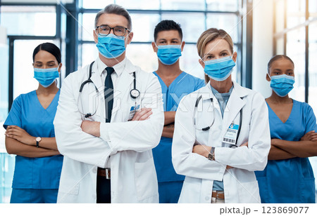 Diversity, covid and healthcare, team of doctors and nurses in hospital. Teamwork, men and women in face mask with medical success, trust and support in pandemic with help and collaboration in clinic Diversity, covid and healthcare, team of doctors and nurses in hospital. Teamwork, men and women in face mask with medical success, trust and support in pandemic with help and collaboration in clinic 123869077