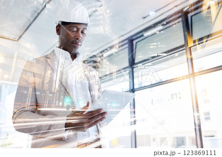 Tablet, city overlay and architect or black man with engineering project urban development or industrial innovation design app software. Construction worker with speed infrastructure technology ux ui Tablet, city overlay and architect or black man with engineering project urban development or industrial innovation design app software. Construction worker with speed infrastructure technology ux ui 123869111