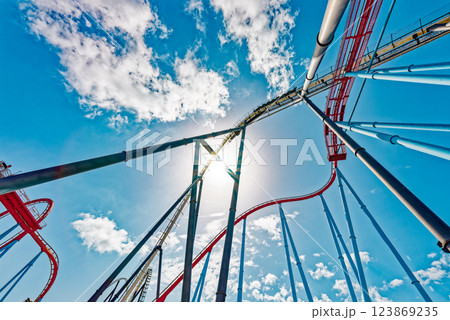 Roller Coaster in funny amusement park. Roller Coaster in funny amusement park. 123869235