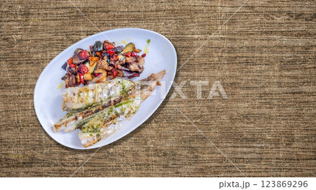 Grilled Monkfish with Vegetables, Spain Grilled Monkfish with Vegetables, Spain 123869296