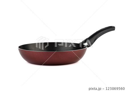 Non-stick frying pan with black handle on white background. 123869560