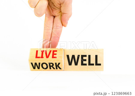 Live or work well symbol. Concept words Live well Work well on wooden cubes. Beautiful white table white background. Businessman hand. Business and live or work well concept. Copy space. 123869663