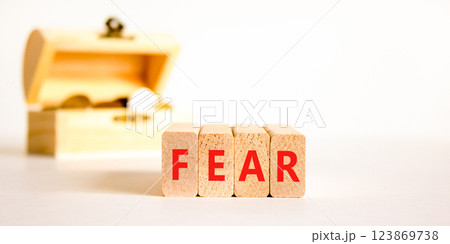 Fear symbol. Concept word Fear on beautiful wooden blocks. Beautiful wooden chest with coins. Beautiful white table white background. Business, lifestyle and fear concept. Copy space. 123869738