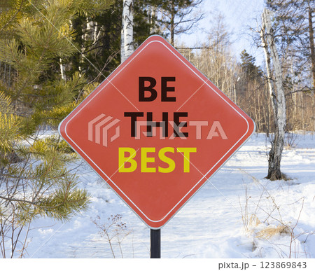 Motivational be the best symbol. Concept words Be the best on beautiful red road sign. Beautiful snow forest background. Business motivational be the best concept. Copy space. Motivational be the best symbol. Concept words Be the best on beautiful red road sign. Beautiful snow forest background. Business motivational be the best concept. Copy space. 123869843