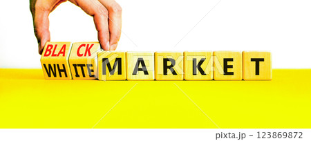 Black or white market symbol. Concept words Black market or White market on beautiful wooden blocks. Beautiful white background. Businessman hand. Business black or white market concept. Copy space. Black or white market symbol. Concept words Black market or White market on beautiful wooden blocks. Beautiful white background. Businessman hand. Business black or white market concept. Copy space. 123869872