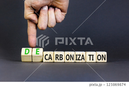 Decarbonization or carbonization symbol. Concept words Decarbonization or Carbonization on wooden blocks. Beautiful grey background. Business decarbonization or carbonization concept. Copy space. 123869874