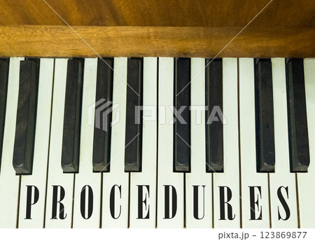 Procedures symbol. Concept word Procedures on beautiful keys of the old retro piano. Beautiful piano-keys background. Black and white keys of the piano. Business procedures concept. Copy space. Procedures symbol. Concept word Procedures on beautiful keys of the old retro piano. Beautiful piano-keys background. Black and white keys of the piano. Business procedures concept. Copy space. 123869877