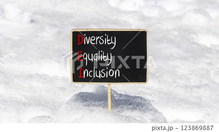 DEI diversity equality inclusion symbol. Concept words DEI diversity equality inclusion on yellow blackboard. Beautiful snow background. Business DEI diversity equality inclusion concept. Copy space. 123869887