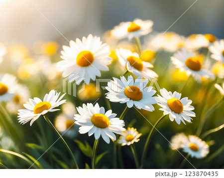 Beautiful blooming chamomile flower growing in the field. 123870435