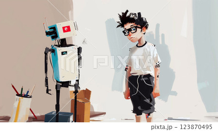 Boy makes a robot at robotics engineering class. Back to school story 123870495