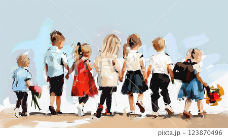 Many boys and girls with flowers go to school. Hand in hand 123870496