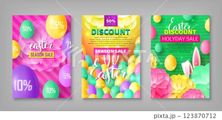 Easter banner set. Collection of stickers on festive theme with eggs, rabbit ears. Vector illustration of leaflets with discounts and sales Easter banner set. Collection of stickers on festive theme with eggs, rabbit ears. Vector illustration of leaflets with discounts and sales 123870712