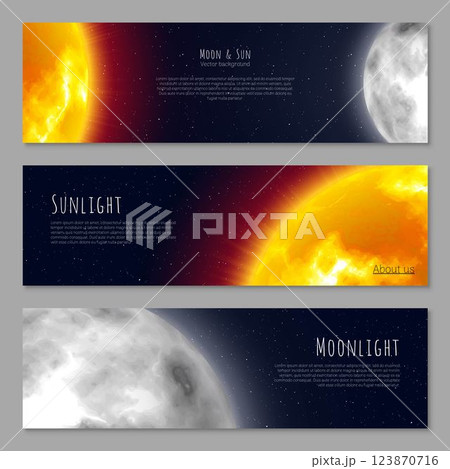 Set three business cards, cosmos theme, copy space, realistic. Invitations, flyers and posters with moon, sun and stars. Vector illustration of tickets collection Set three business cards, cosmos theme, copy space, realistic. Invitations, flyers and posters with moon, sun and stars. Vector illustration of tickets collection 123870716