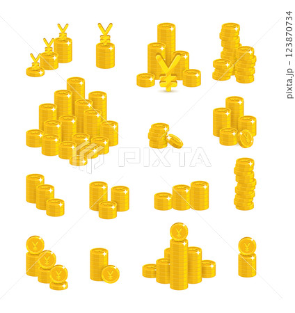 Slides gold Chinese yuan or Japanese yen isolated cartoon set. A lot of slides and piles of gold yuan or yen and yuan or yen signs. Gold stacks of pieces vector illustration 123870734