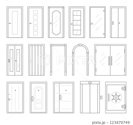 Icons set of doors types. Collection in thin linear style. Entrance to the house, classic wooden or glass interior doors, lift and safe. Simple design. Vector illustration isolated on white background 123870749