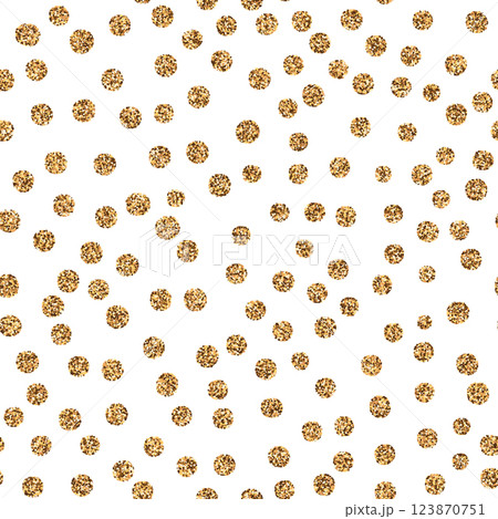 Golden glitter polka dots on white background. Abstract shiny seamless pattern with gold metallic confetti. Grunge vector backdrop for banner, wallpaper, paper for wrapping 123870751