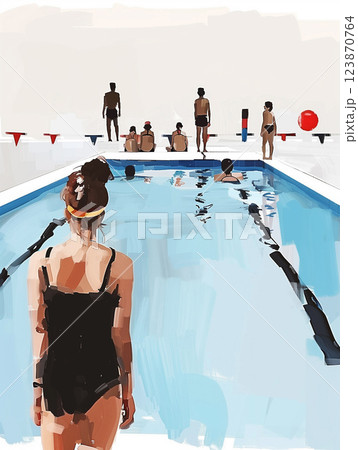A girl stands on the edge of swimming pool. Gym class, back to school story 123870764