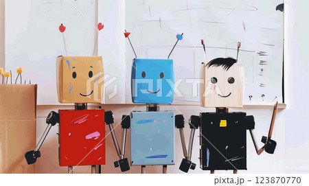 Three smiling robots built by children at robotics engineering class. Back to school story 123870770