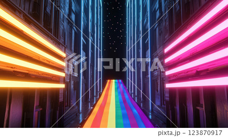 vibrant, futuristic pathway illuminated by colorful neon lights leads through narrow corridor, creating mesmerizing atmosphere 123870917