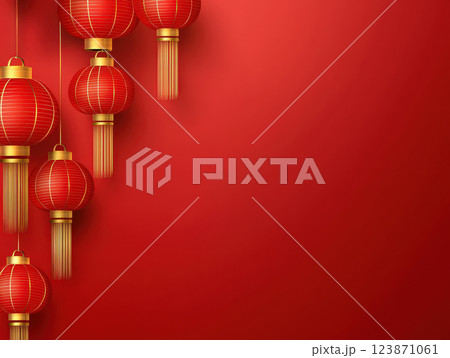 Festive red and gold lanterns hanging against vibrant red background, creating joyful atmosphere 123871061