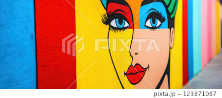 Colorful street art mural featuring vibrant face design with bold colors 123871087