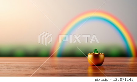 golden pot filled with coins and small clover sits on wooden table, with vibrant rainbow in background, evoking sense of luck and prosperity 123871143