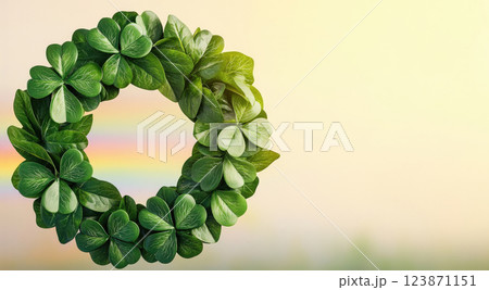 vibrant green shamrock wreath with lush leaves, symbolizing luck and nature beauty. Perfect for festive occasions 123871151