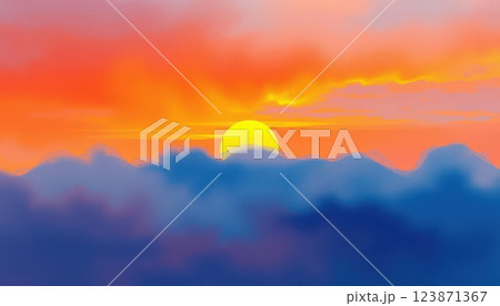a view of a sunset over the clouds with a bright sun 123871367