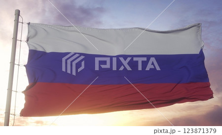 Russia politics and news concept. Russian national flag on sky background. 3d illustration Russia politics and news concept. Russian national flag on sky background. 3d illustration 123871379