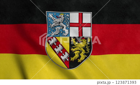 Saarland flag, Germany, waving in the wind, realistic background. 3d illustration 123871393