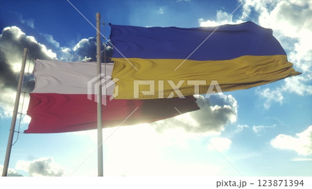 Polish and Ukrainian flag on flagpole. Poland and Ukraine waving flag in wind. Poland and Ukraine diplomatic concept. 3d illustration Polish and Ukrainian flag on flagpole. Poland and Ukraine waving flag in wind. Poland and Ukraine diplomatic concept. 3d illustration 123871394
